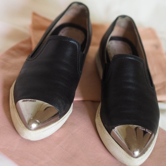 MIU MIU Black Leather Metal Cap Toe Sneakers - Picture 1 of 7